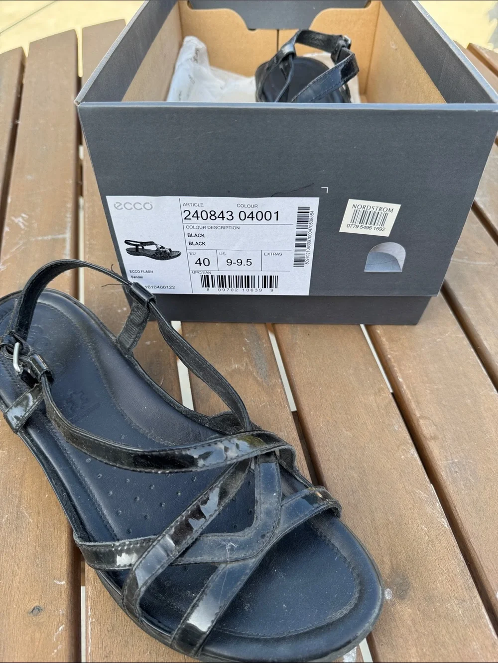Ecco Black Patent Leather Strappy Slingback Sandals